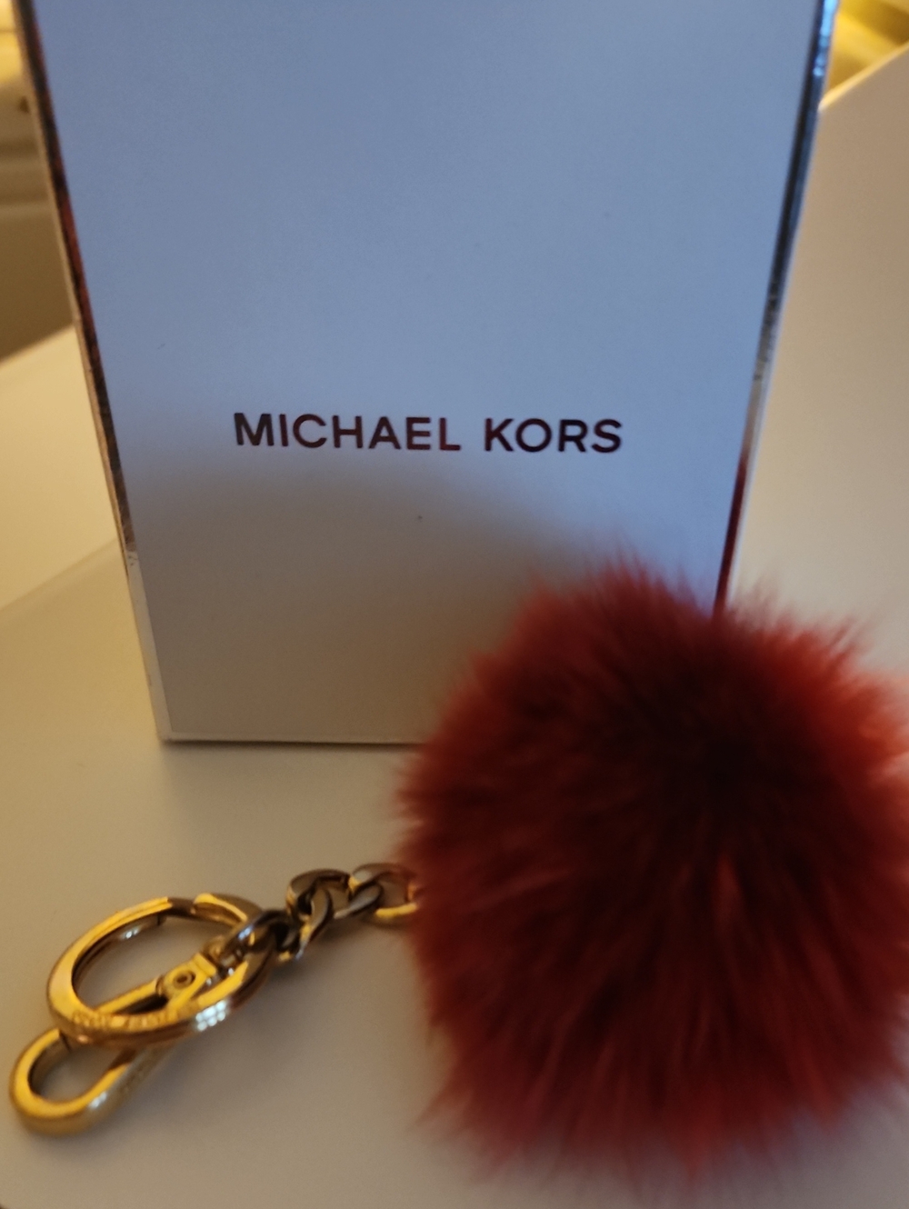 NEW Michael Kors Dark Red Fur Pom Pom Keychain with Gold Hardware